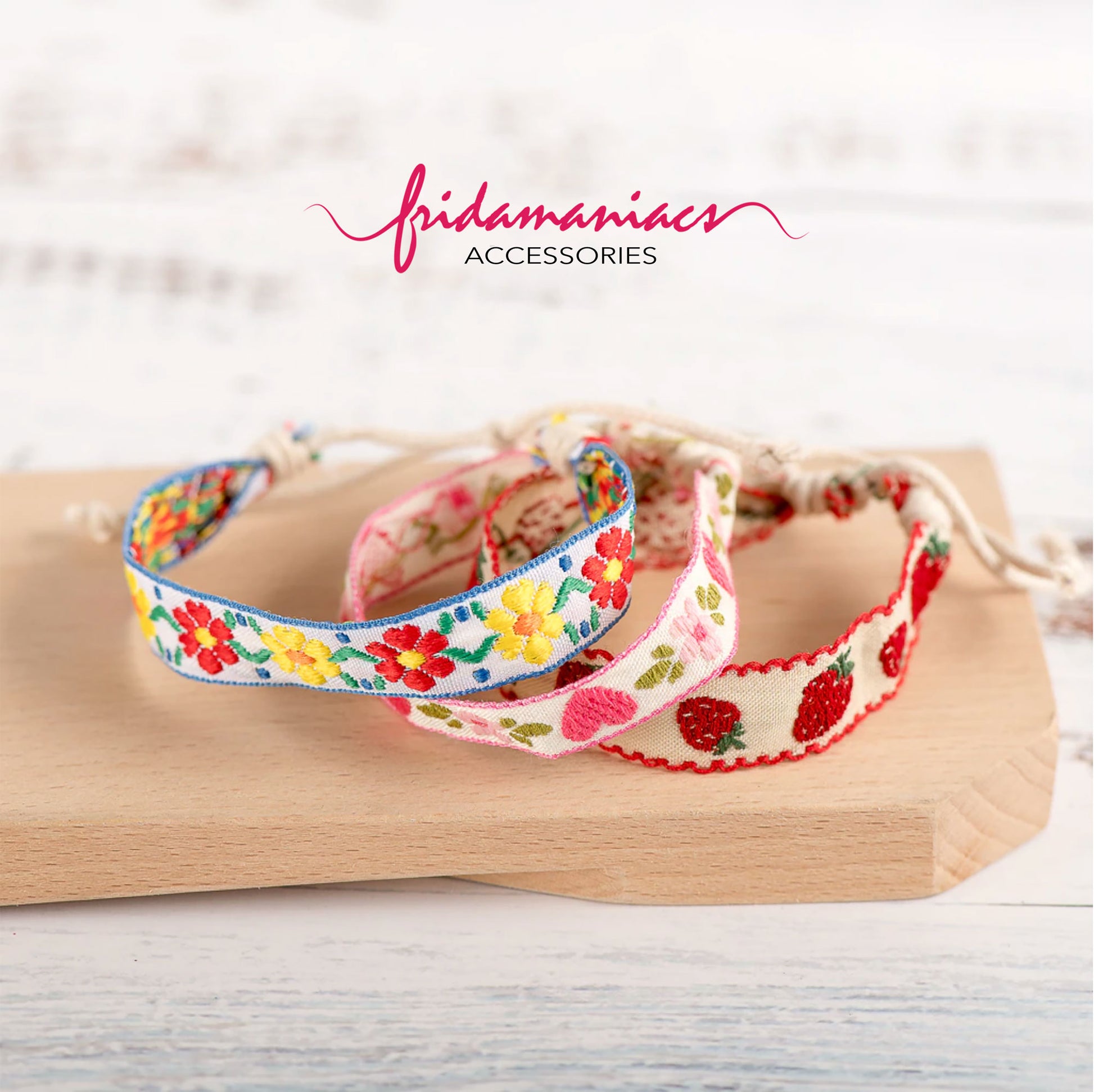 Girl embroidery wrtistband bracelet set with flowers, hearts, and strawberries. Floral and colorful bracelets.