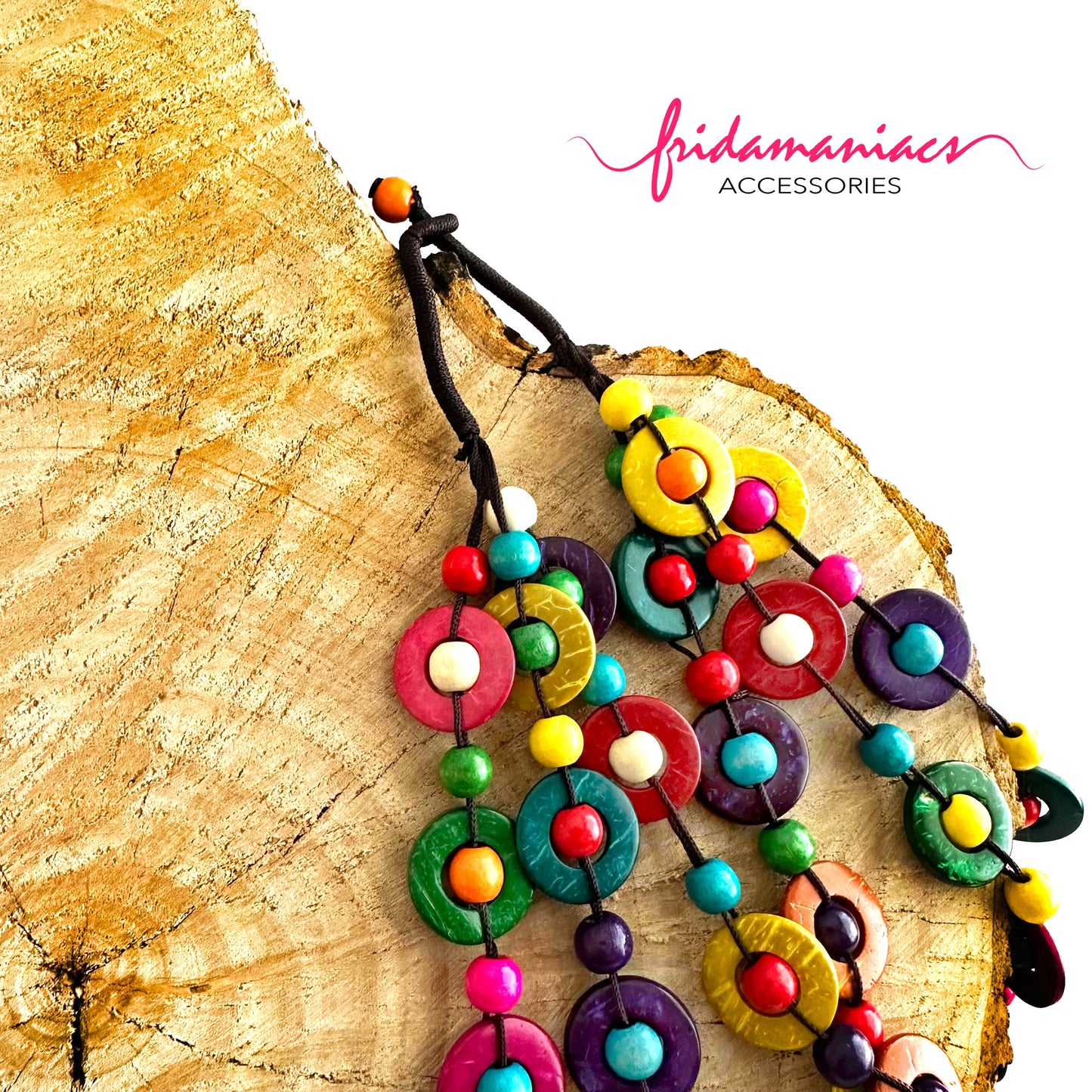 Colorful Frida Kahlo necklace made of coconut wood disks from Mexico. Mexican jewelry necklace for women and girls. Multilayered