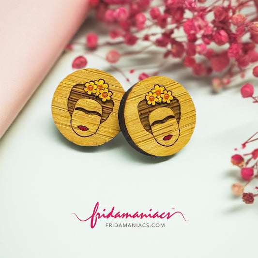 Frida Kahlo Earrings. Mini bamboo circular stud earrings with handpainted yellow flowers and red lips featuring iconic Mexican artist eyebrows. Portrait face. Cute gift idea for fridamaniacs, fridalovers, fridamania, frida fans. Mexican earrings. Mexican jewelry.
