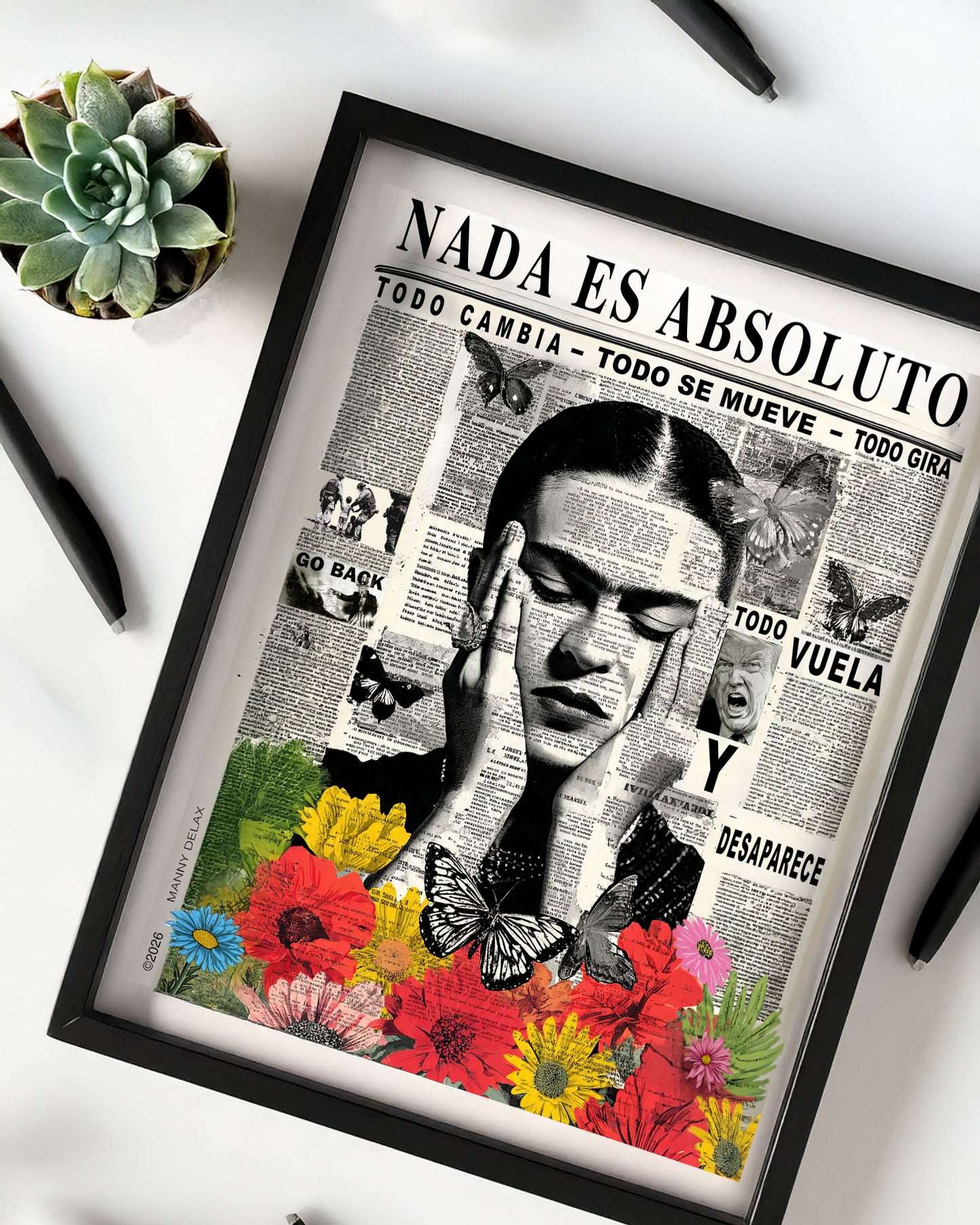 Framed artwork with a collage of a woman's face, butterflies, and flowers on a newspaper background.