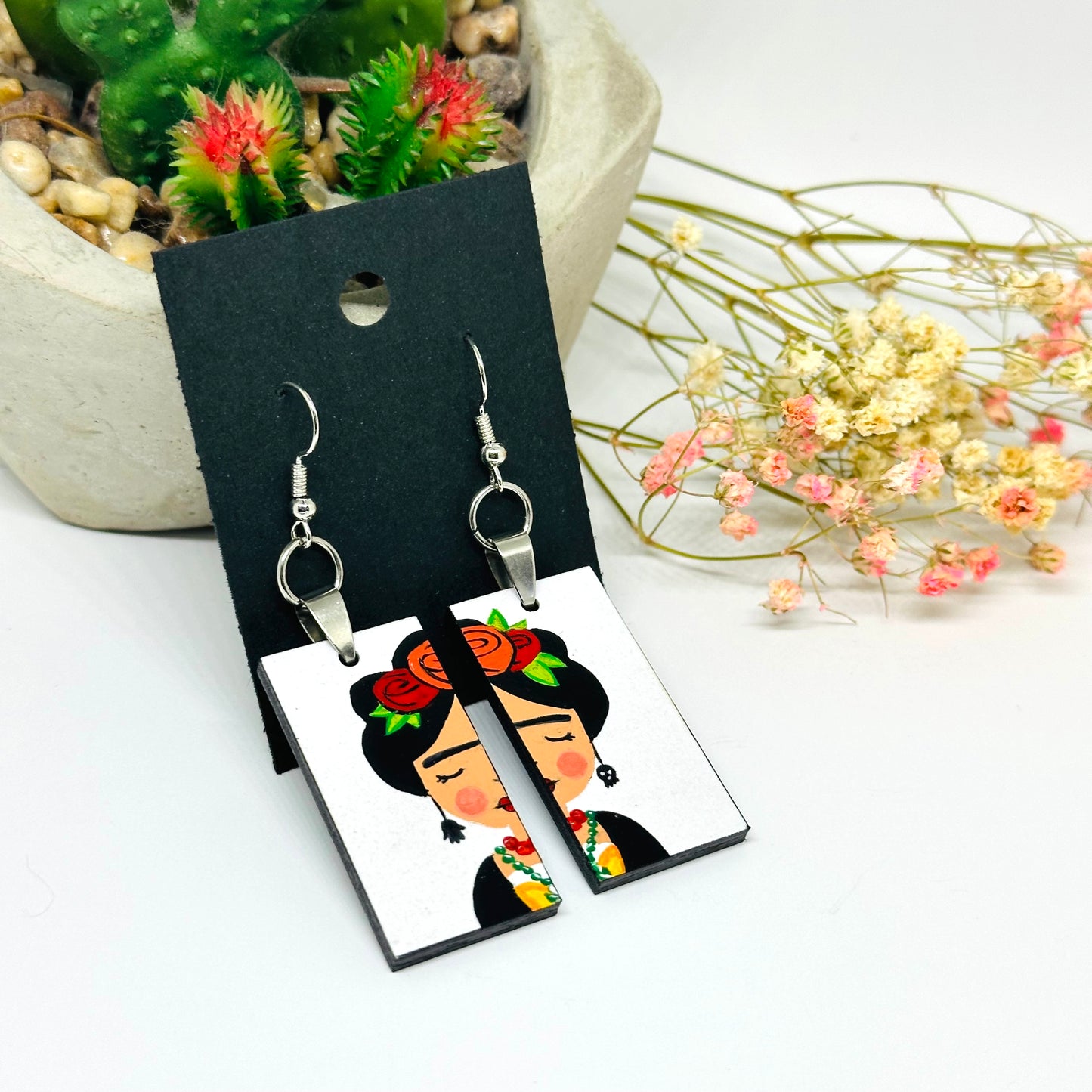Little Frida White Hand Painted Wooden Earrings