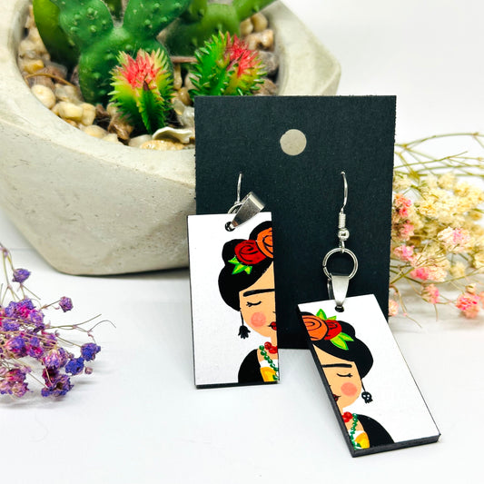 Little Frida White Hand Painted Wooden Earrings