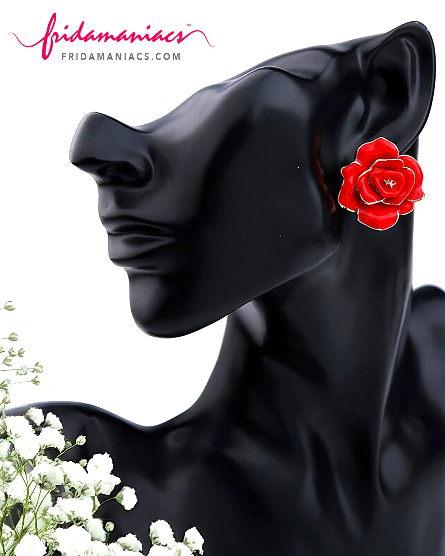 Mexican Red Rose Statement Stud Earrings