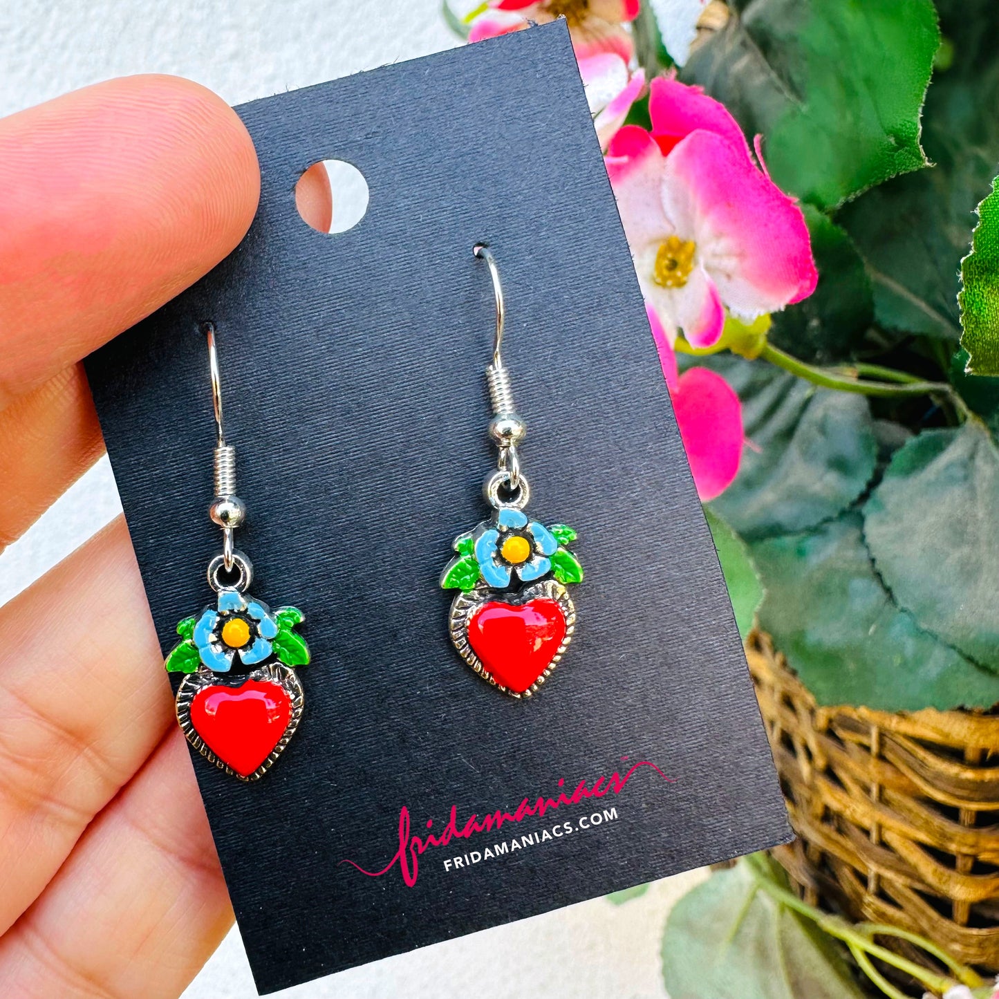 Mini Heart Red Enamel Earrings with Blue Flower