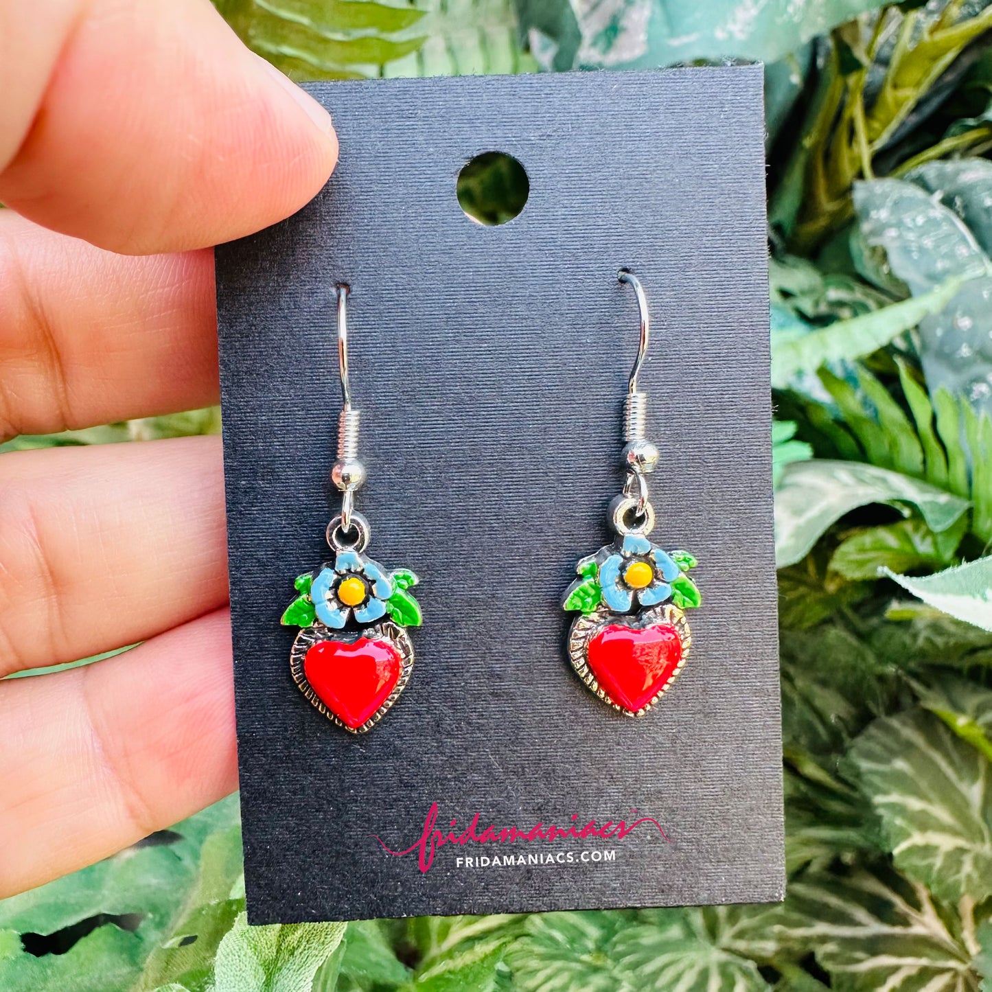 Mini Heart Red Enamel Earrings with Blue Flower