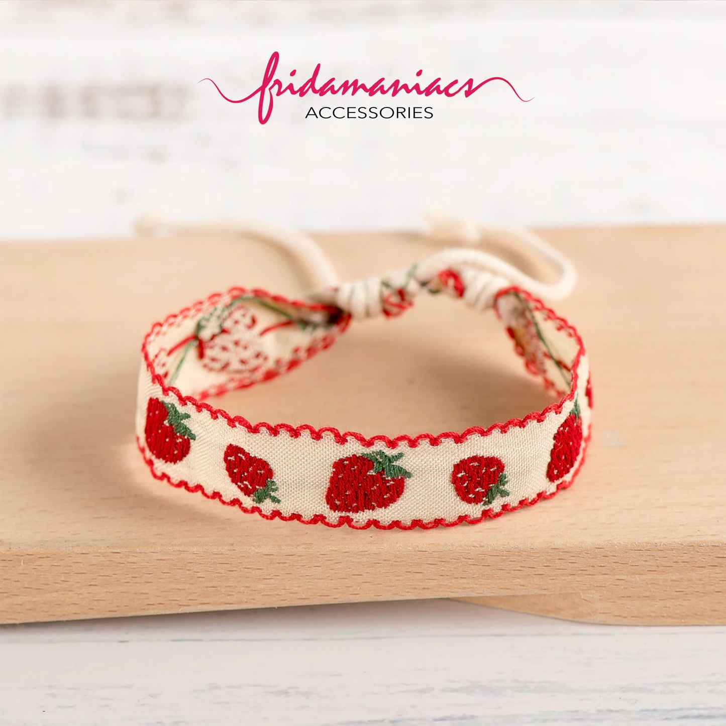 Girl embroidery wrtistband bracelet set with flowers, hearts, and strawberries. Floral and colorful bracelets.