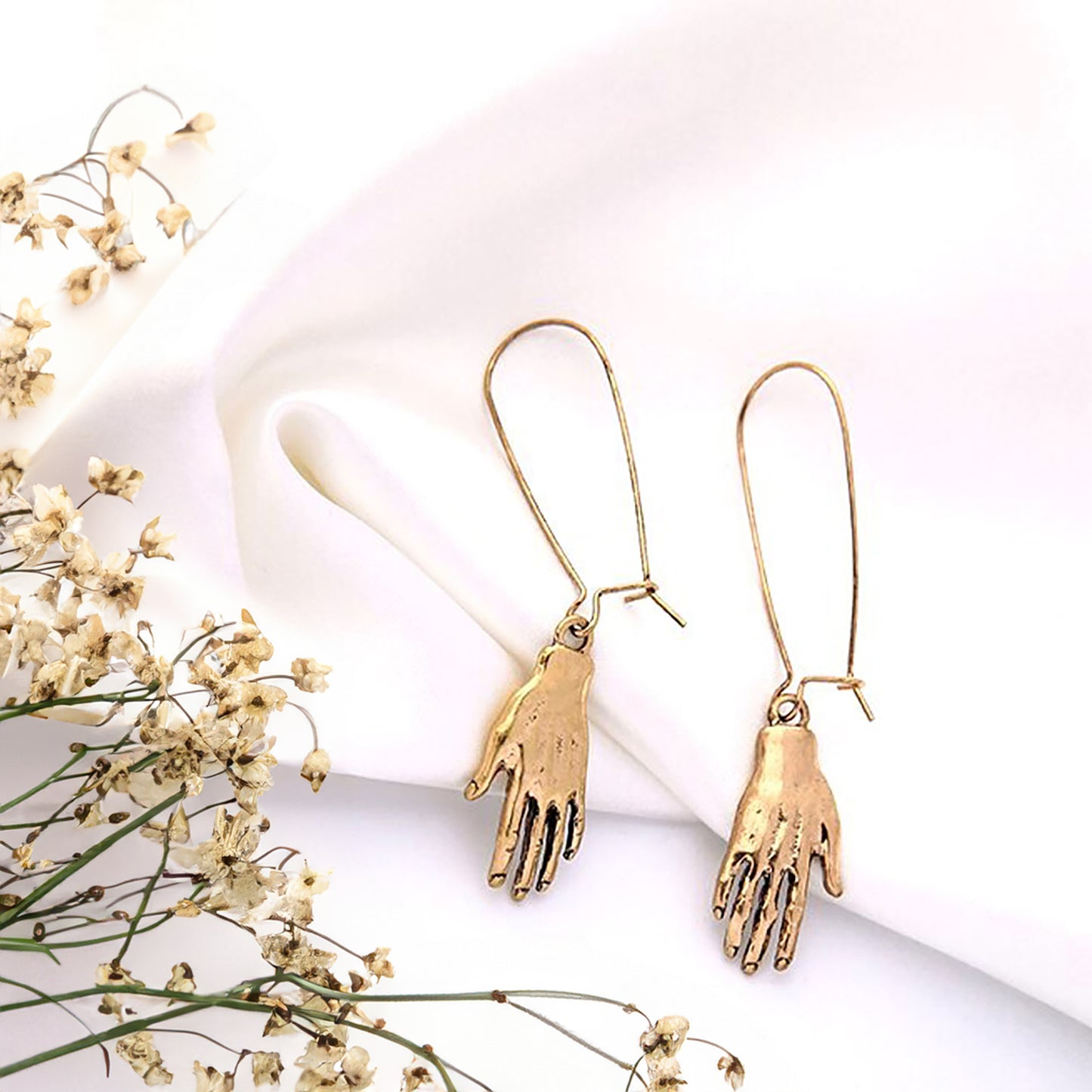 Frida Kahlo hand earrings, antique rustic gold metal tone. Mexican jewelry earrings.