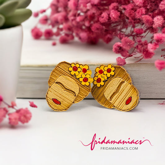 Hand painted bamboo wood Frida Kahlo earrings for girls with red lips and yellow flowers. Laser cut wood by Fridamaniacs. Fridamania. Fridalovers. Mexicaniacs. Mexican earrings. Mexican jewelry. Cute gift idea for young girls