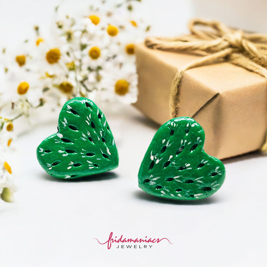 Lovely Multi-Punctured Clay Carved Cactus Heart Stud Earrings