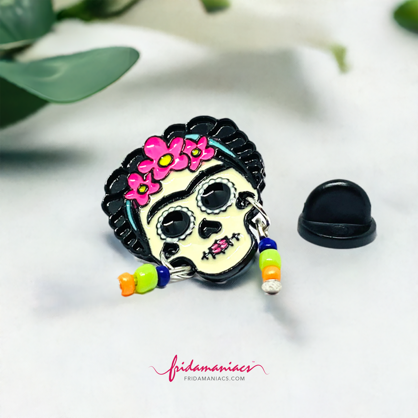 Cute Frida Kahlo enamel pin Day of the dead with beaded earrings. Cute, colorful, and original.