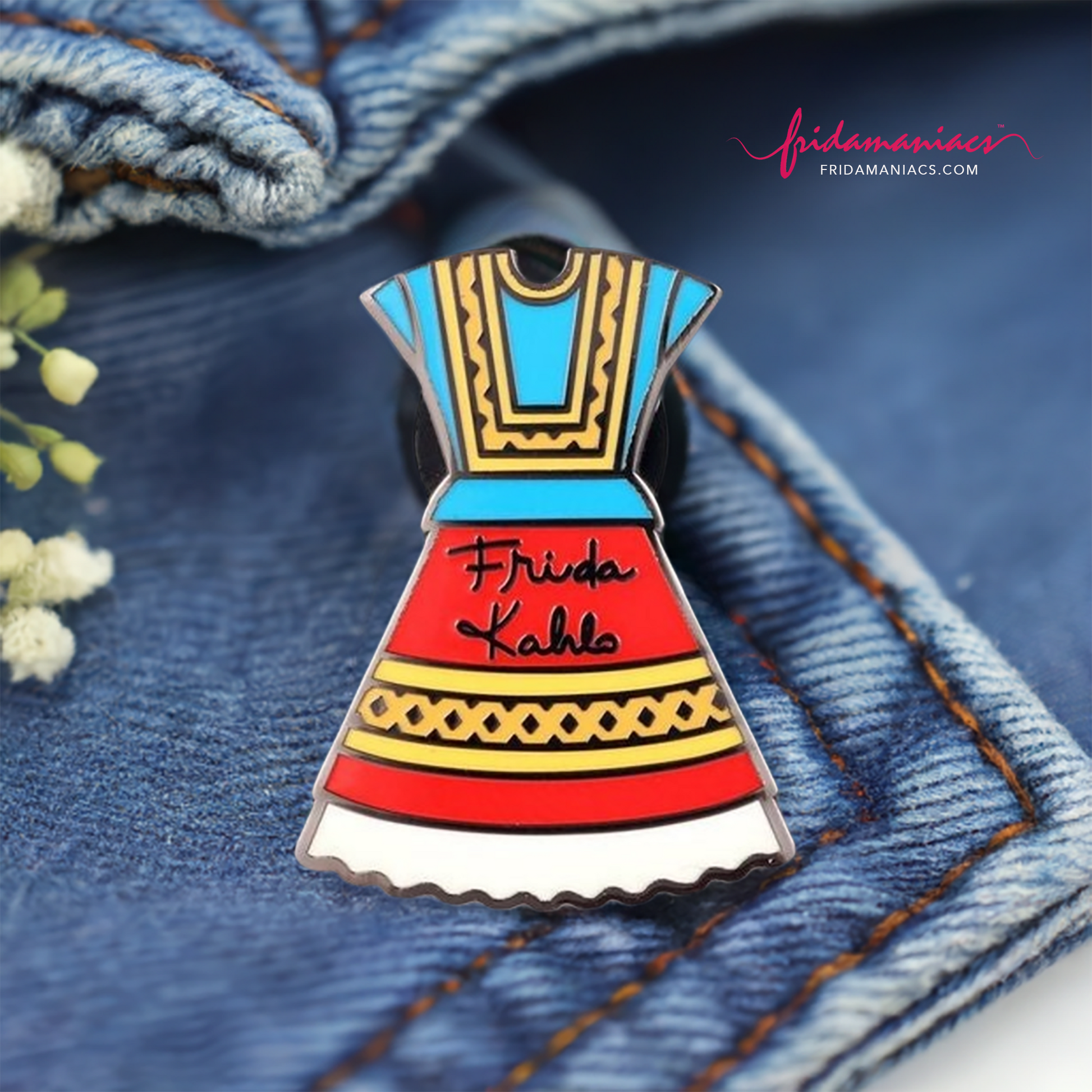 Frida Kahlo Dress Enamel Pin. Colorful red, blue, yellow, and white traditional Mexico Tehuana Oaxaca dress used by Mexican artist. With Frida Kahlo original signature on front. Cute gift idea for fridamaniacs and fridalovers.