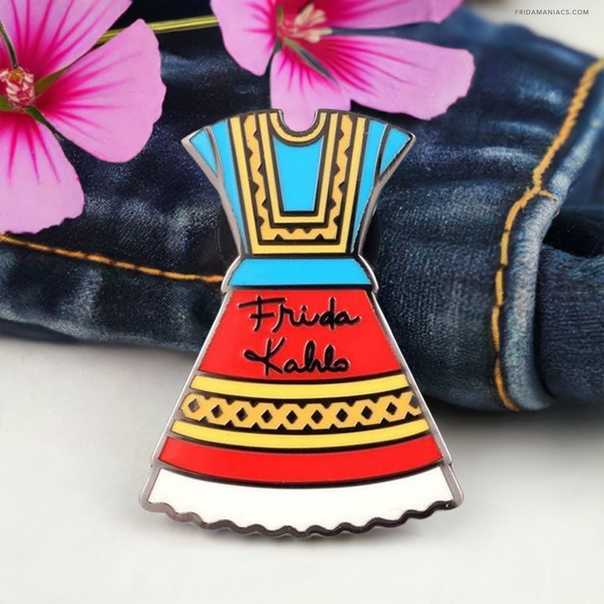 Frida Kahlo Dress Enamel Pin. Colorful red, blue, yellow, and white traditional Mexico Tehuana Oaxaca dress used by Mexican artist. With Frida Kahlo original signature on front. Cute gift idea for fridamaniacs and fridalovers.