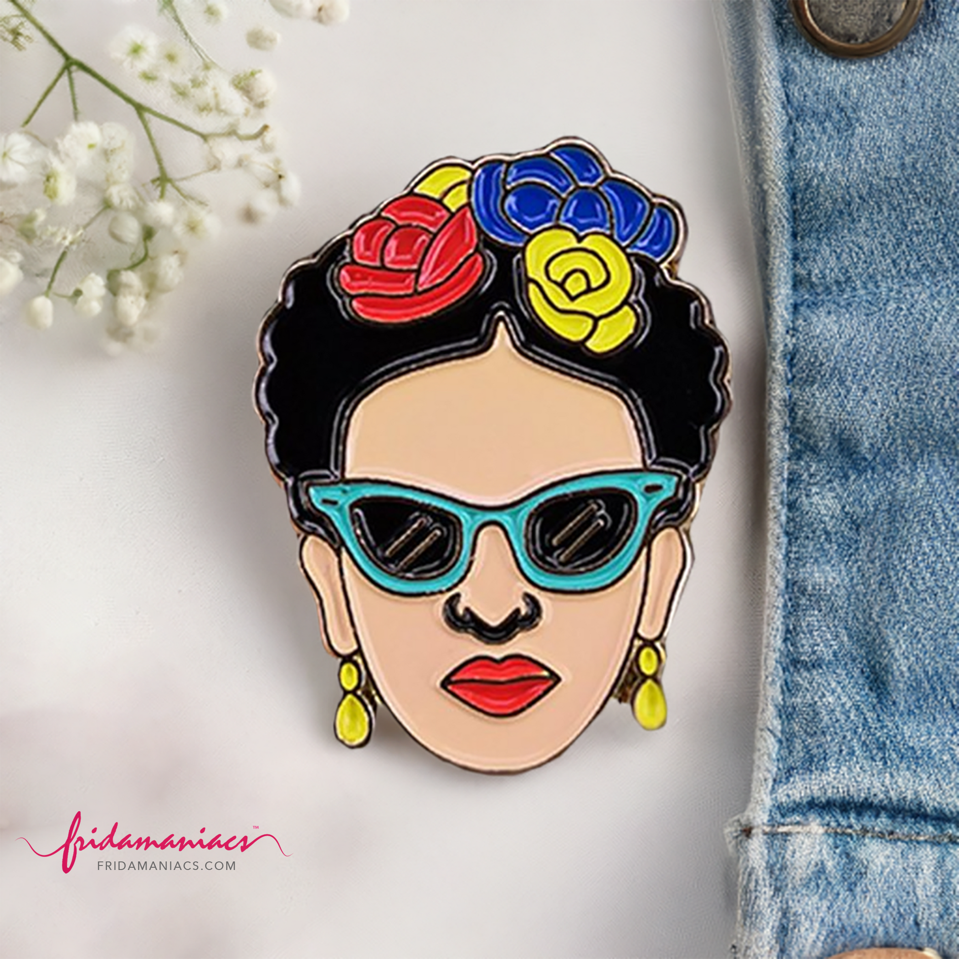 Frida Kahlo Enamel Pin with Flowers and sunglasses. colorful summer fashion accessorie for girls. Frida pin. Fridamaniacs Fridalovers gift idea. outdoor fun adventures with family and friends.