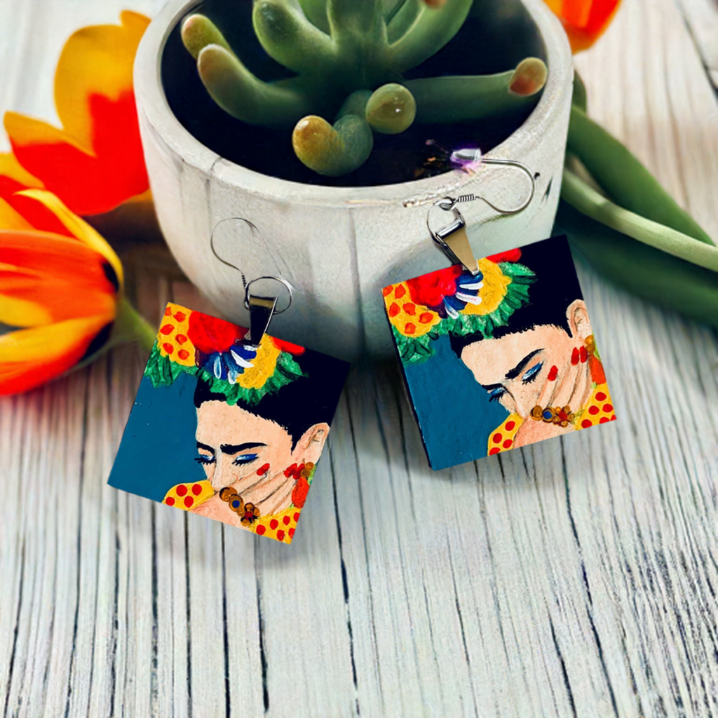 Hand painted Frida Kahlo inspired earrings. Colorful acrylic paint from Mexico folk art. Square wooden drop and dangle earrings for women. Mexican jewelry. Fridamaniacs. Fridalovers. Mexicanias. Marvelous gift idea for women