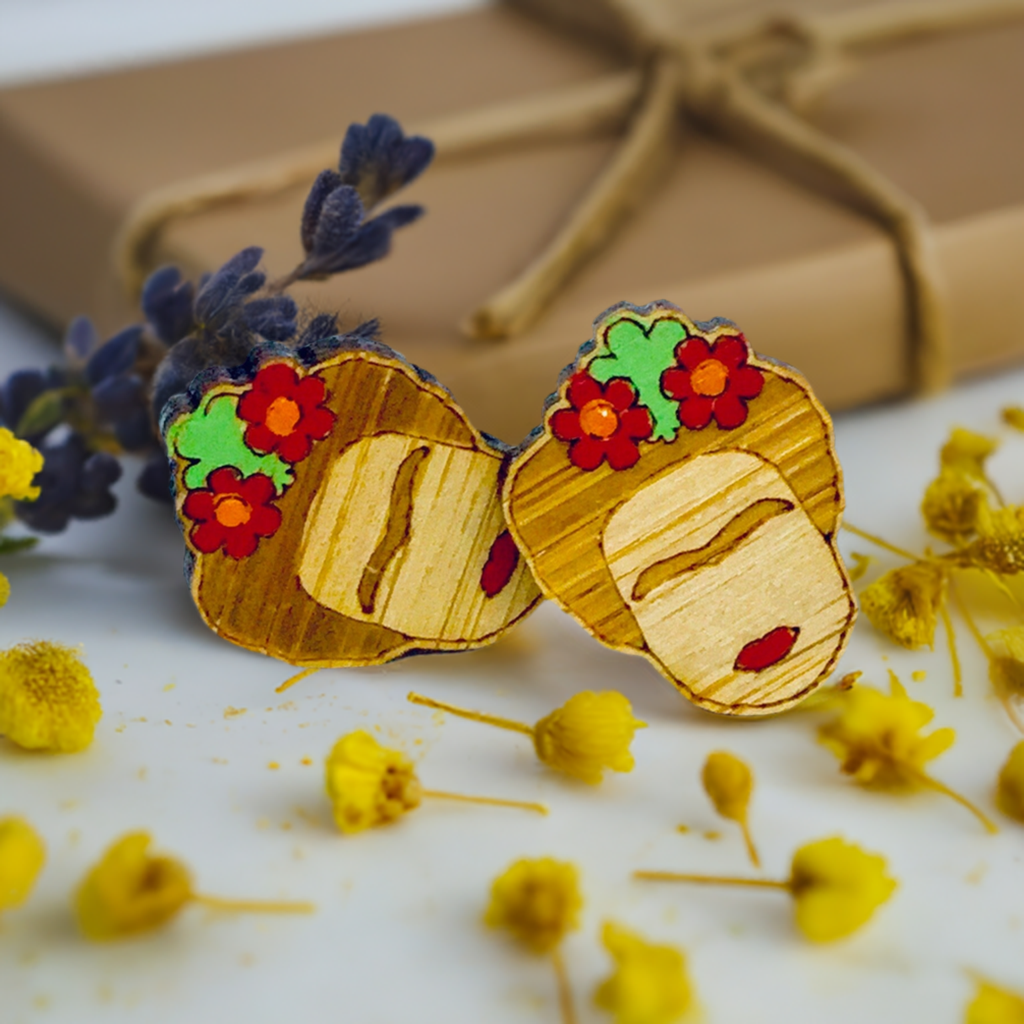 Frida Kahlo mini bamboo stud earrings for girls by fridamaniacs, fridalovers, fridamania, Mexican earrings, Mexican jewelry. Hand painted wooden earrings.