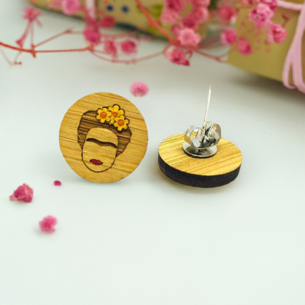 Frida Kahlo Earrings. Mini bamboo circular stud earrings with handpainted yellow flowers and red lips featuring iconic Mexican artist eyebrows. Portrait face. Cute gift idea for fridamaniacs, fridalovers, fridamania, frida fans. Mexican earrings. Mexican jewelry.