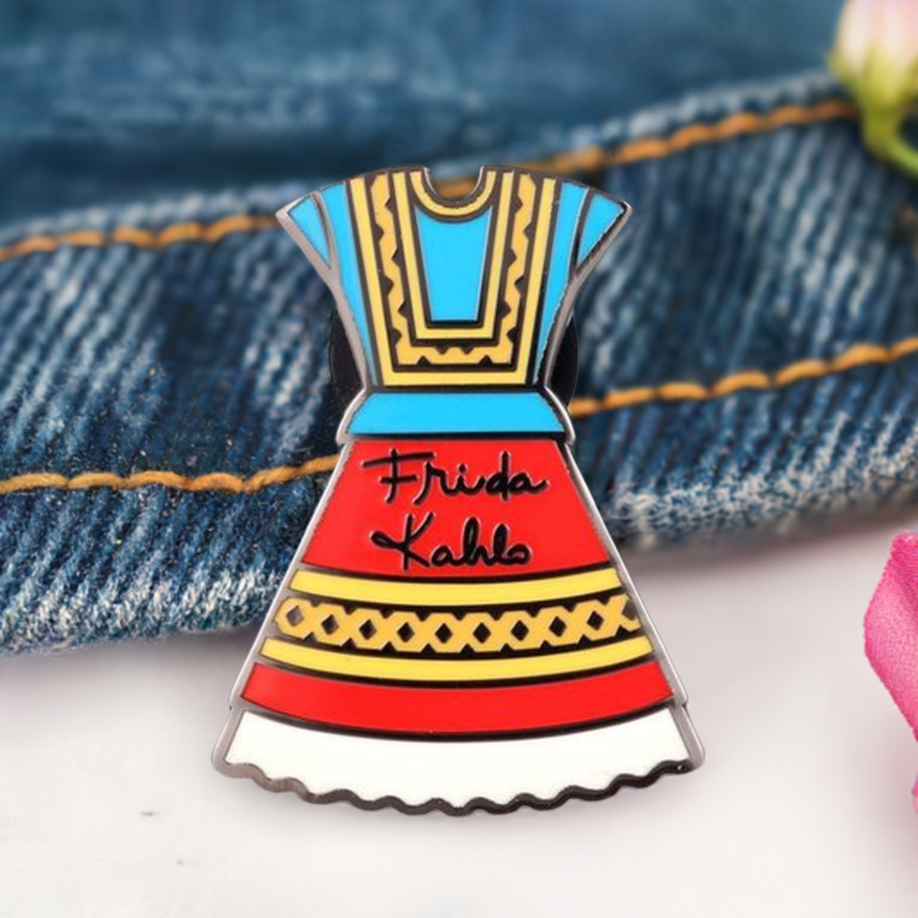 Frida Kahlo inspired Dress enamel pin for girls by Fridamaniacs and Mexicanias. Frida Brooch. Pink back button.