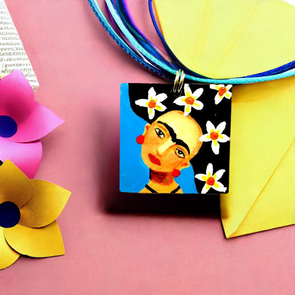 Handpainted Frida Kahlo inspired wooden square pendant necklace for girls. Cute gift idea for girls by Fridamaniacs, fridalovers, frida fans. Mexcian necklace, Mexican jewelry