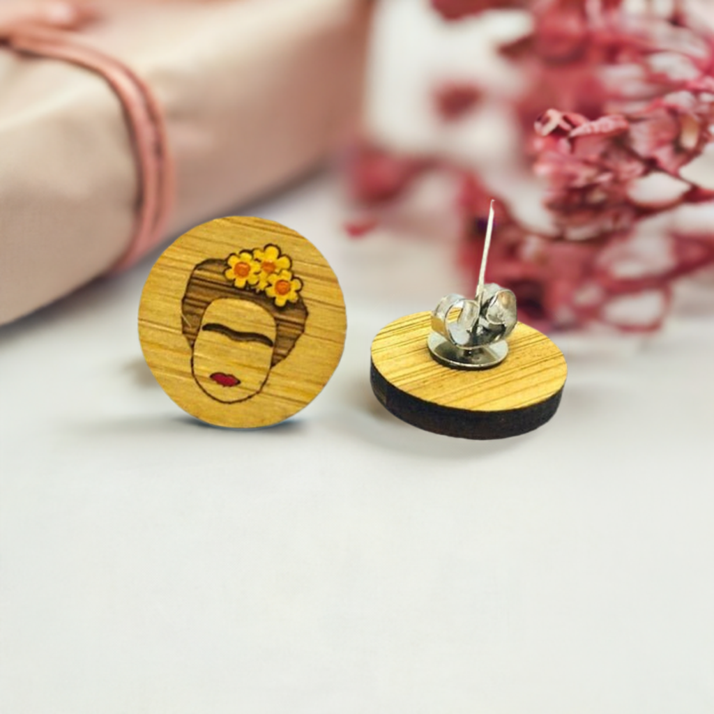 Frida Kahlo Earrings. Mini bamboo circular stud earrings with handpainted yellow flowers and red lips featuring iconic Mexican artist eyebrows. Portrait face. Cute gift idea for fridamaniacs, fridalovers, fridamania, frida fans. Mexican earrings. Mexican jewelry.