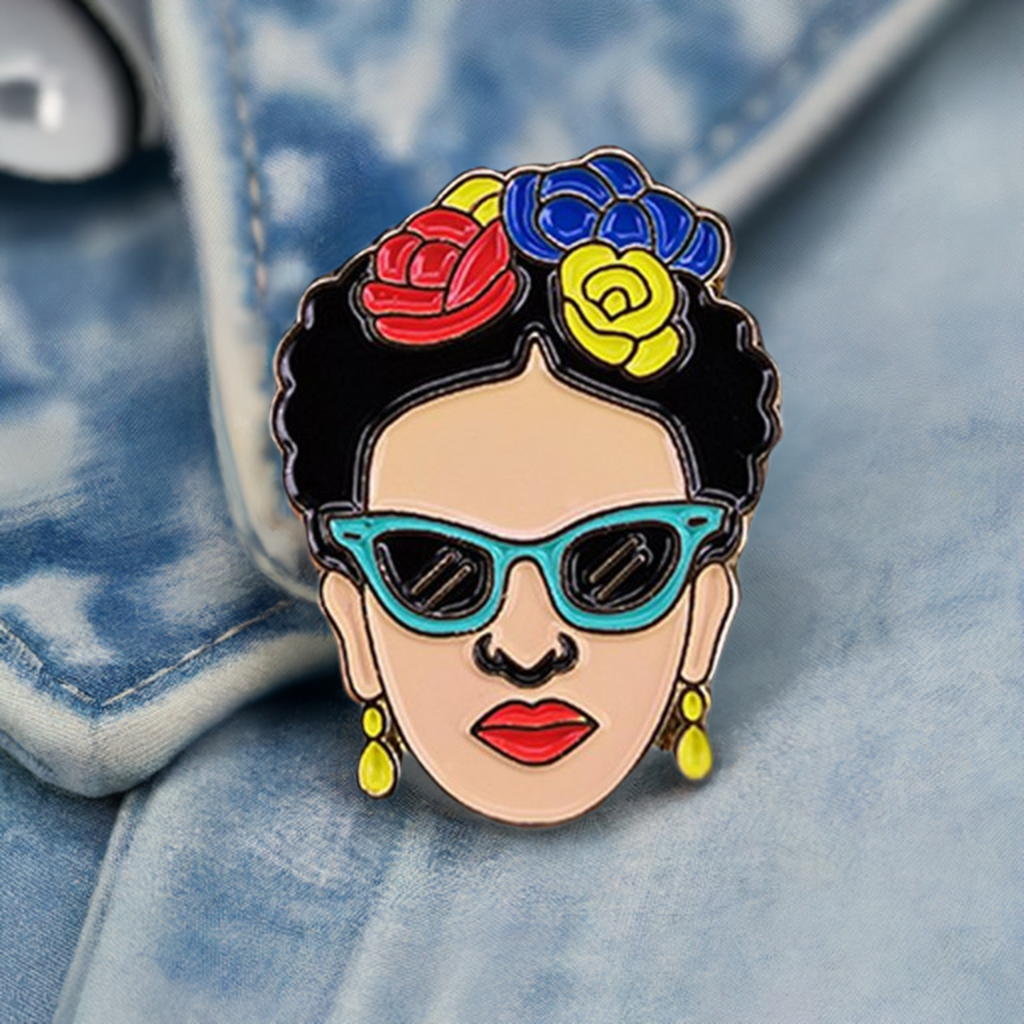 Frida Kahlo Enamel Pin with Flowers and sunglasses. colorful summer fashion accessorie for girls. Frida pin. Fridamaniacs Fridalovers gift idea. outdoor fun adventures with family and friends.