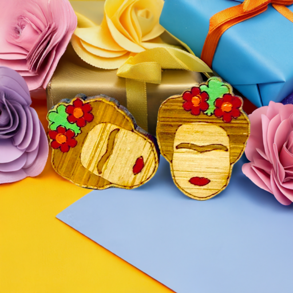 Floral Mini Bamboo Frida Kahlo inspired handpainted bamboo stud earrings with red flowers, green leaves, iconic eyebrows, and red lips for fridamaniacs, fridalovers, fridamania, frida fans girls. Cool gift idea. Mexican earrings. Mexican jewelry. Cute and original women jewelry accessories.