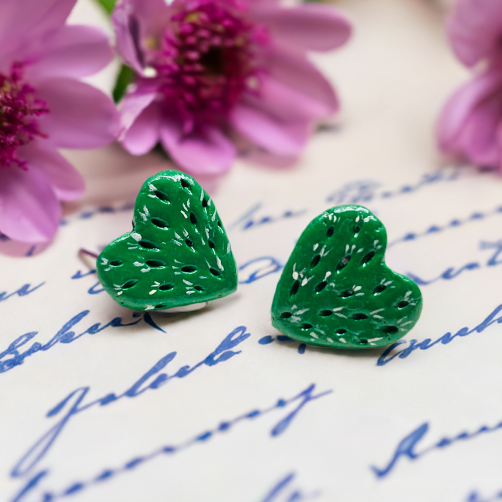 Carved Heart Cactus Earrings hand painted and handmade by Mexican artisans. Mexico folk art. Mexican earrings. Mexican jewelry. Frida Kahlo inspired earrings - jewelry for women and gilrs. Mexicanias. Claywelry. Fridamaniacs. Fridalovers. Fridamania. Frida fans gift idea.