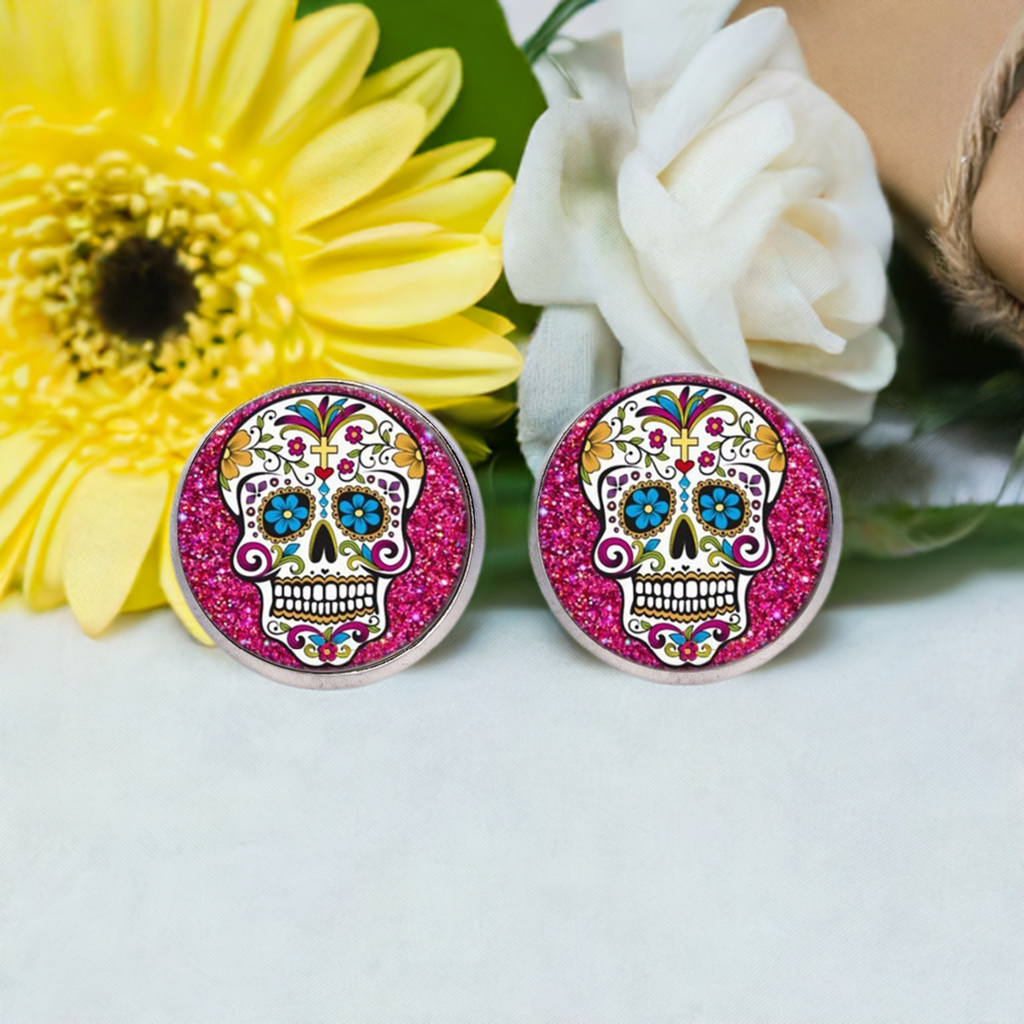Mexican sugar skull cabochon stud earrings for girls. Original and cute gift idea.
