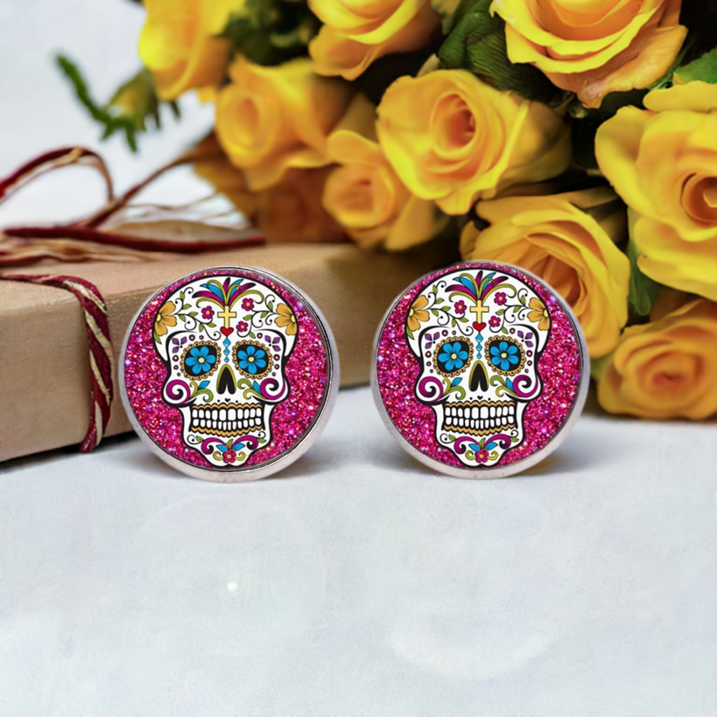 Mexican sugar skull cabochon stud earrings for girls. Original and cute gift idea.