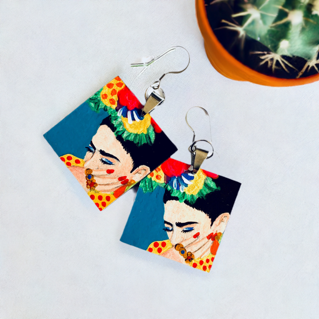 Hand painted Frida Kahlo inspired earrings. Colorful acrylic paint from Mexico folk art. Square wooden drop and dangle earrings for women. Mexican jewelry. Fridamaniacs. Fridalovers. Mexicanias. Marvelous gift idea for women