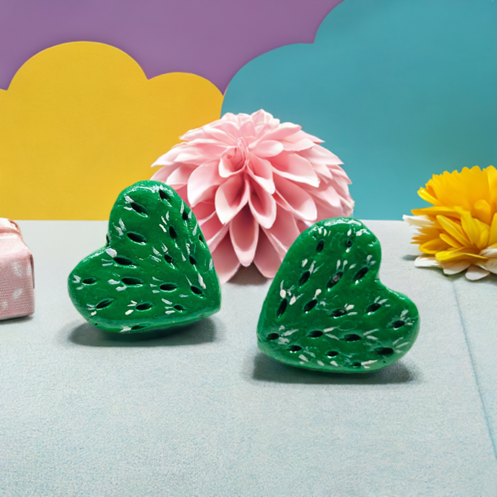 Lovely Multi-Punctured Clay Carved Cactus Heart Stud Earrings