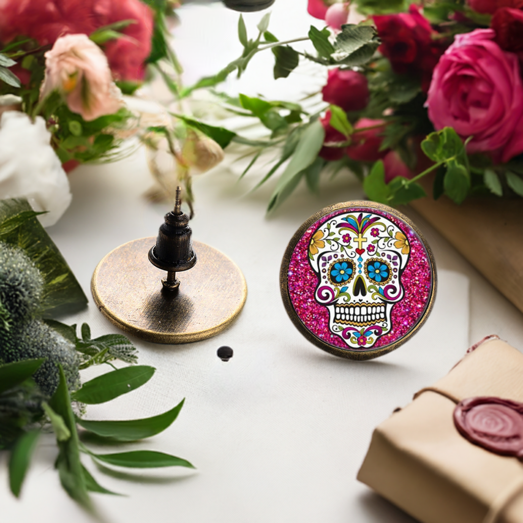 Mexican sugar skull cabochon stud earrings for girls. Original and cute gift idea.