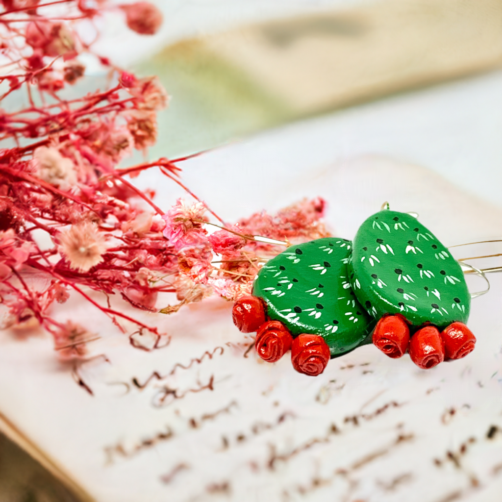 Marvelous Handpainted Cactus Clay Earrings. Fresh green and Vivid Red desert cactus flowers. Mexican earrings for women and girls. Mexican jewelry. Mexico folk art. Great Gift idea for Frida Kahlo fans, fridamaniacs, fridamania, fridalovers