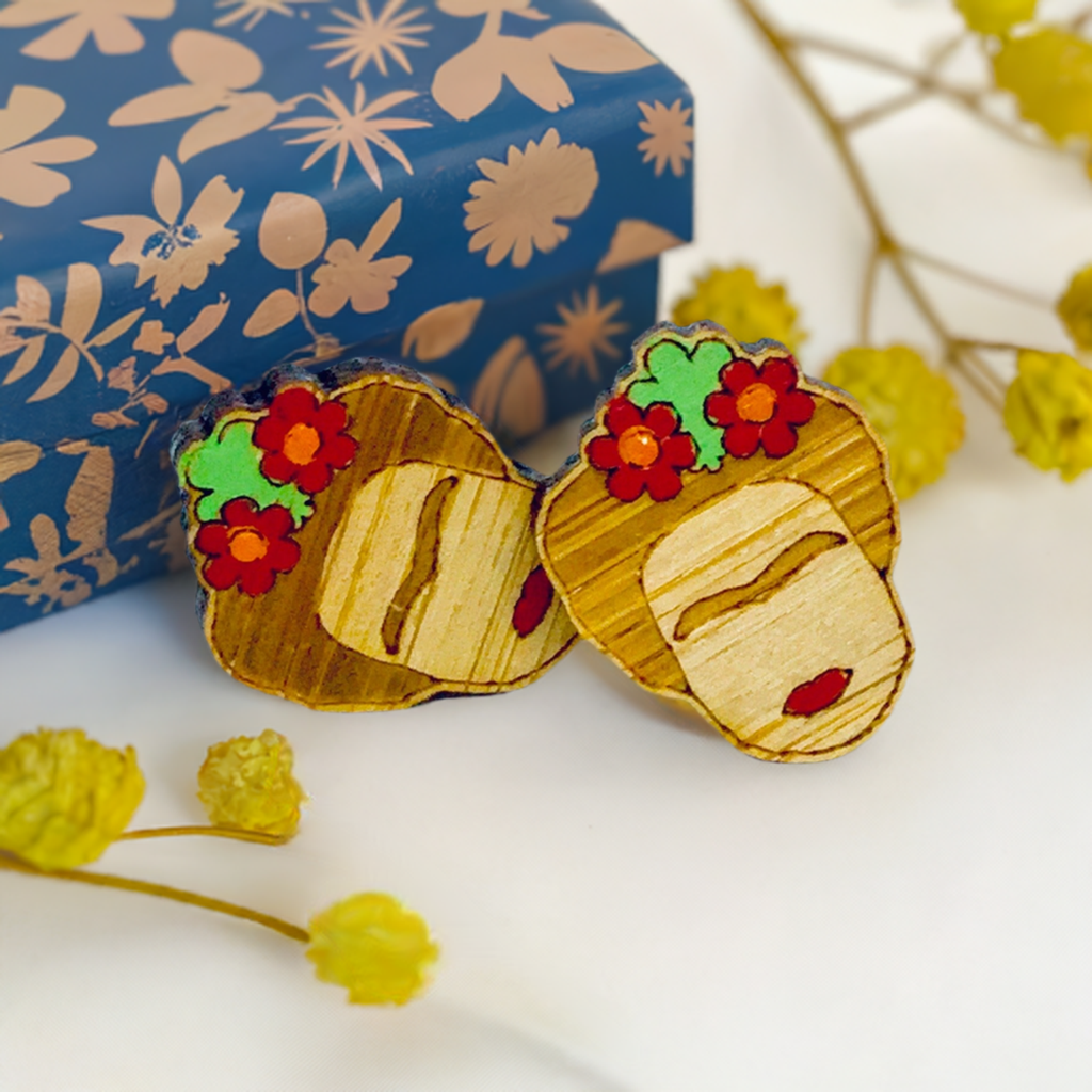 Frida Kahlo mini bamboo stud earrings for girls by fridamaniacs, fridalovers, fridamania, Mexican earrings, Mexican jewelry. Hand painted wooden earrings.