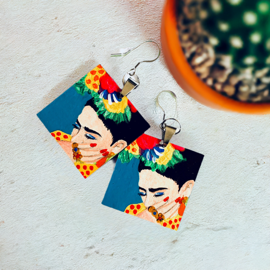 Hand painted Frida Kahlo inspired earrings. Colorful acrylic paint from Mexico folk art. Square wooden drop and dangle earrings for women. Mexican jewelry. Fridamaniacs. Fridalovers. Mexicanias. Marvelous gift idea for women