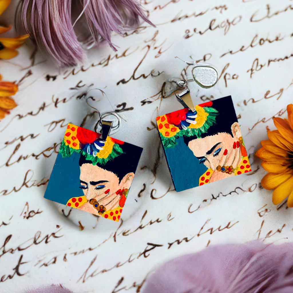 Hand painted Frida Kahlo inspired earrings. Colorful acrylic paint from Mexico folk art. Square wooden drop and dangle earrings for women. Mexican jewelry. Fridamaniacs. Fridalovers. Mexicanias. Marvelous gift idea for women
