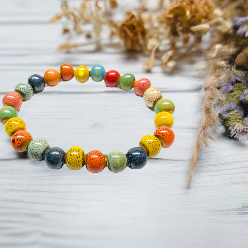 Multicolor ceramic beads elastic wristband bracelet for men and women. Stretch bracelet unisex by claywelry