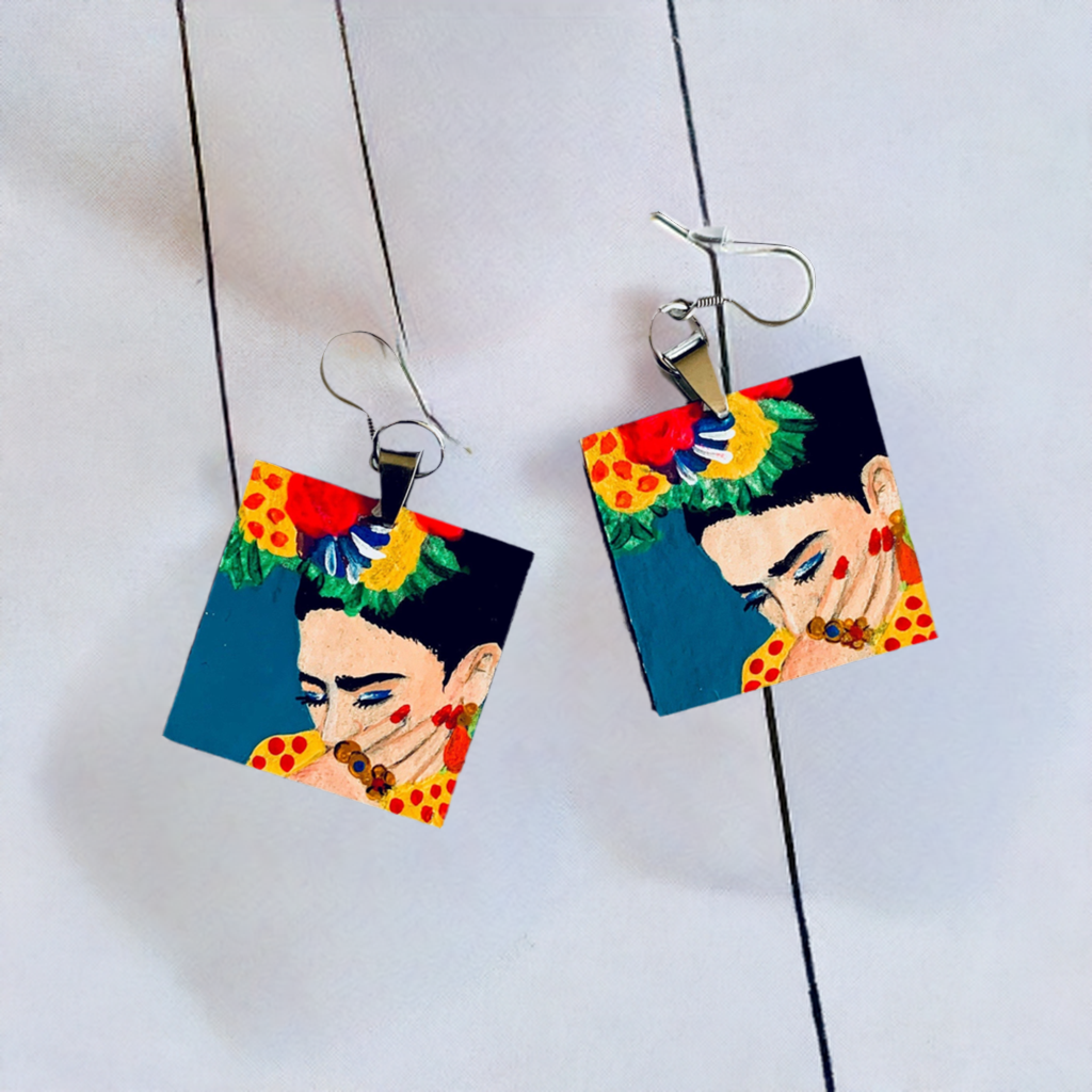 Hand painted Frida Kahlo inspired earrings. Colorful acrylic paint from Mexico folk art. Square wooden drop and dangle earrings for women. Mexican jewelry. Fridamaniacs. Fridalovers. Mexicanias. Marvelous gift idea for women