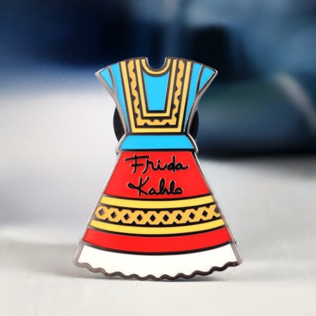 Frida Kahlo inspired Dress enamel pin for girls by Fridamaniacs and Mexicanias. Frida Brooch. Pink back button.