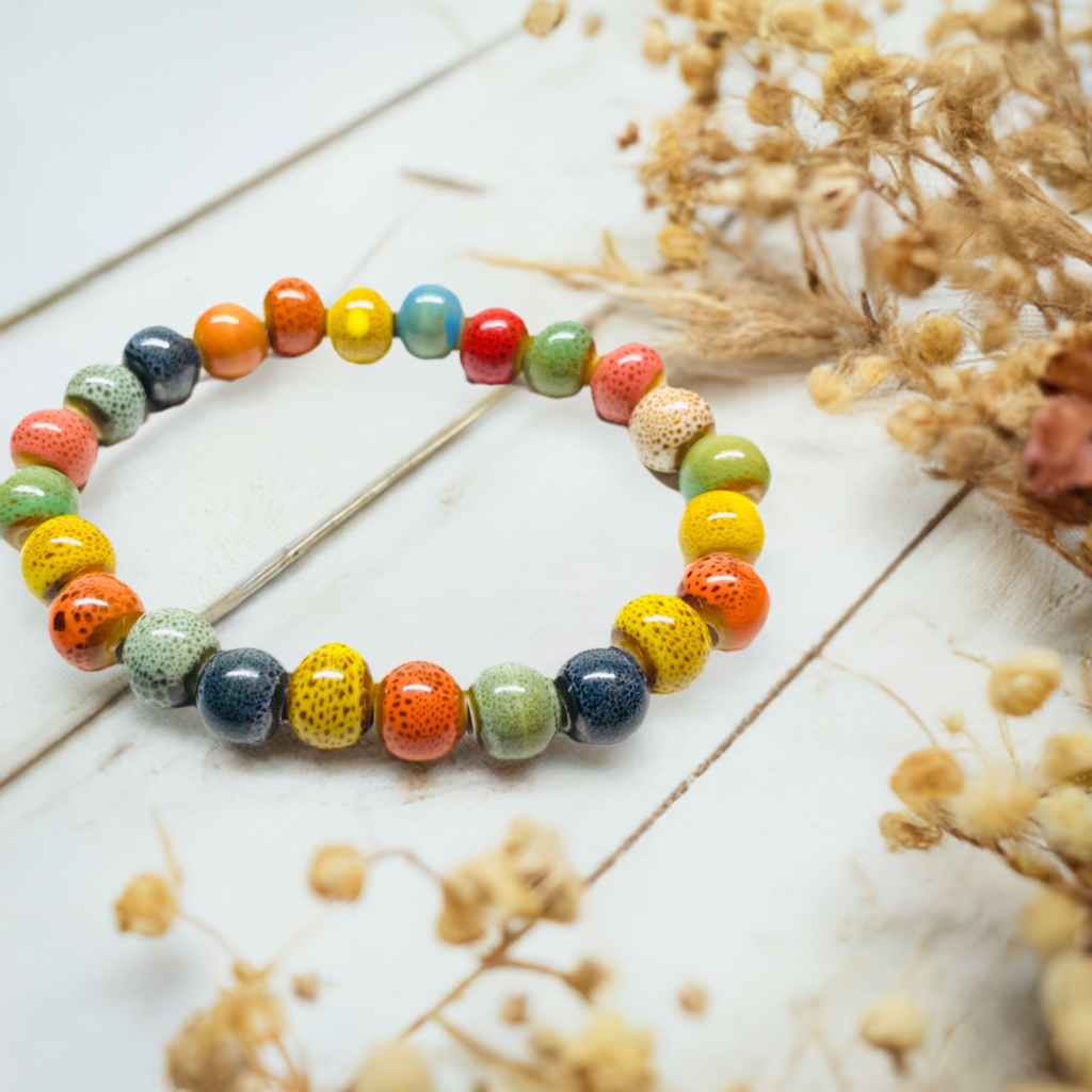 Multicolor ceramic beads elastic wristband bracelet for men and women. Stretch bracelet unisex by claywelry