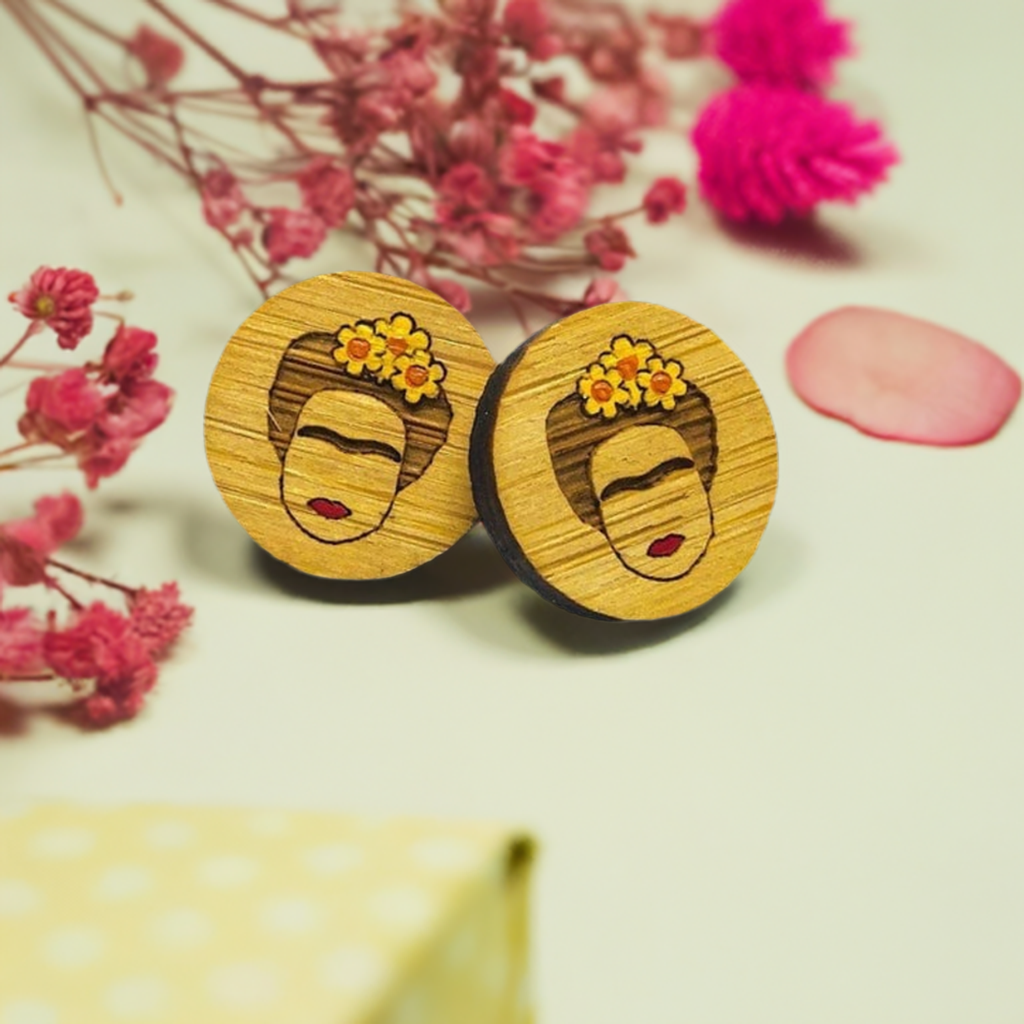 Frida Kahlo Earrings. Mini bamboo circular stud earrings with handpainted yellow flowers and red lips featuring iconic Mexican artist eyebrows. Portrait face. Cute gift idea for fridamaniacs, fridalovers, fridamania, frida fans. Mexican earrings. Mexican jewelry.