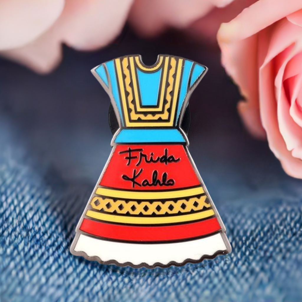 Frida Kahlo inspired Dress enamel pin for girls by Fridamaniacs and Mexicanias. Frida Brooch. Pink back button.