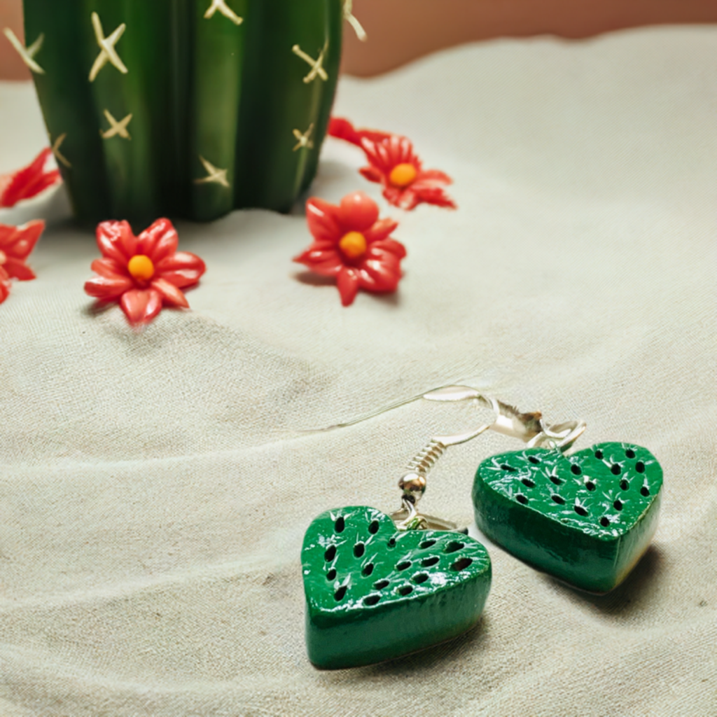Clay cactus earrings. Handmade and handpainted clay cactus heart earrings with carved texture. Mexican earrings. Mexican clay jewelry for women and girls for Fridamaniacs and Fridalovers by Claywelry. Drop and dangle earrings. Clay food jewelry.