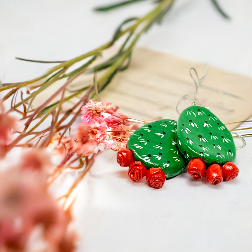 Marvelous Handpainted Cactus Clay Earrings. Fresh green and Vivid Red desert cactus flowers. Mexican earrings for women and girls. Mexican jewelry. Mexico folk art. Great Gift idea for Frida Kahlo fans, fridamaniacs, fridamania, fridalovers