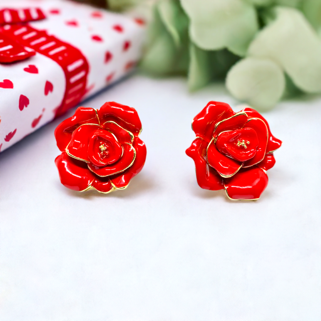 Mexican Red Rose Statement Enamel and Gold Stud Earrings