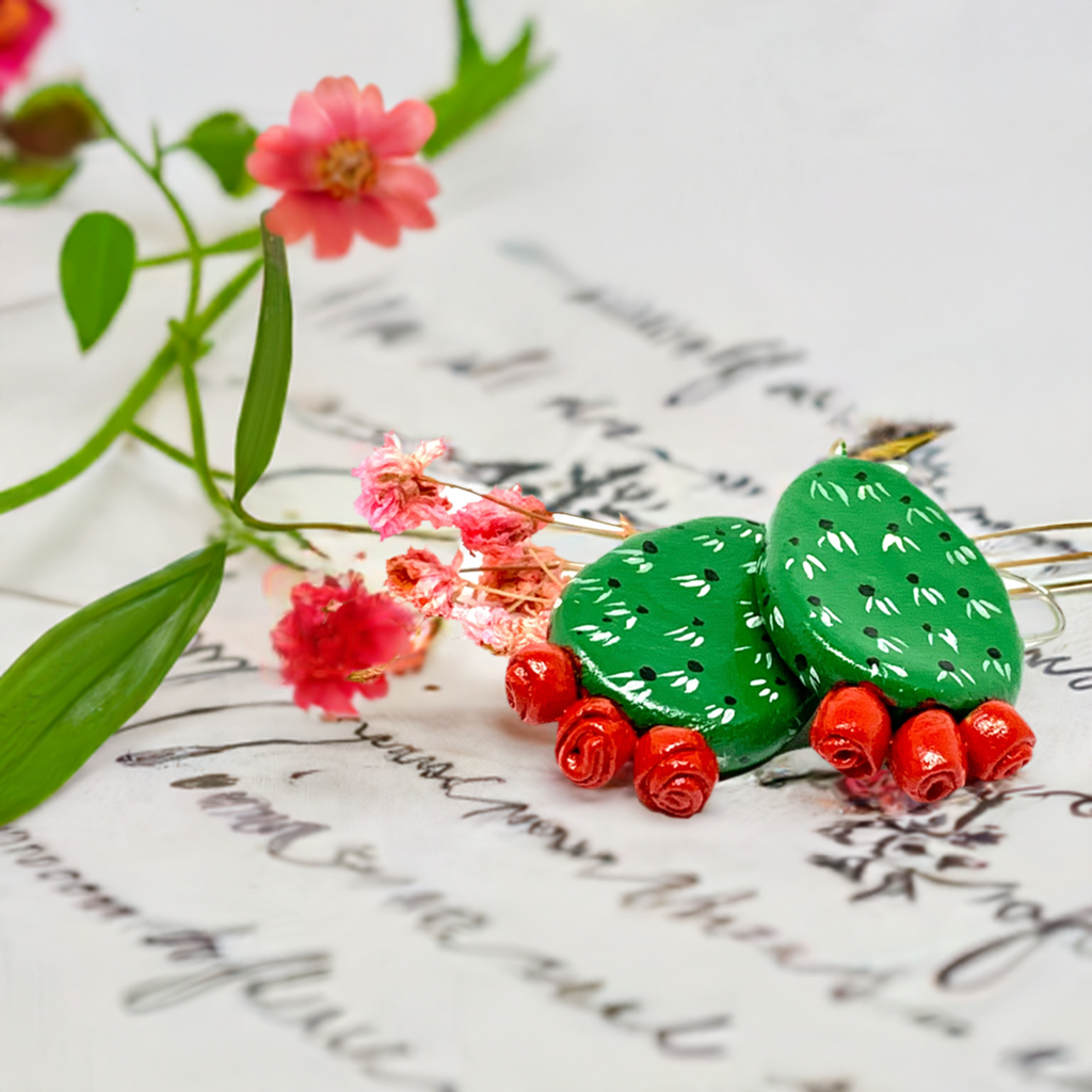 Marvelous Handpainted Cactus Clay Earrings. Fresh green and Vivid Red desert cactus flowers. Mexican earrings for women and girls. Mexican jewelry. Mexico folk art. Great Gift idea for Frida Kahlo fans, fridamaniacs, fridamania, fridalovers