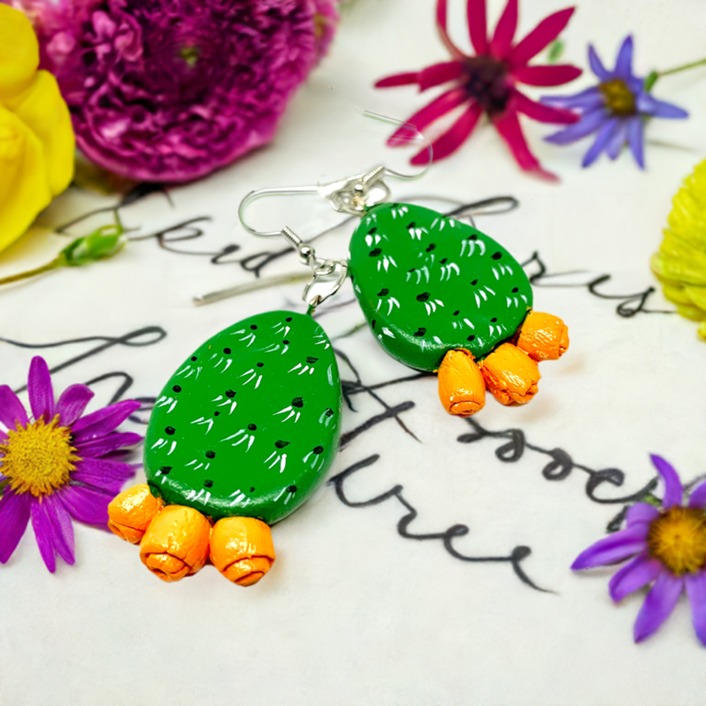 Hand painted Cactus Clay Earrings. Fresh green and Yellow-ish desert cactus flowers. Mexican earrings for women and girls. Mexican jewelry. Mexico folk art. Great Gift idea for Frida Kahlo fans, fridamaniacs, fridamania, fridalovers