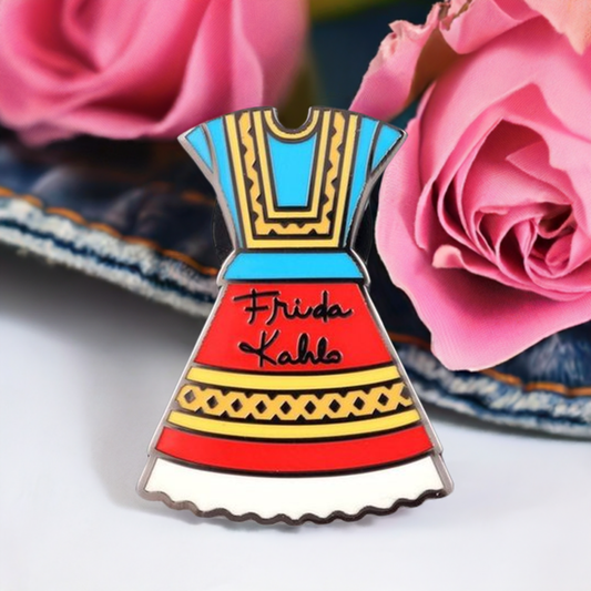 Frida Kahlo inspired Dress enamel pin for girls by Fridamaniacs and Mexicanias. Frida Brooch. Pink back button.