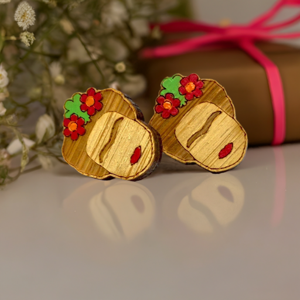 Frida Kahlo Earrings made of bamboo and painted by band with iconic Mexican artist eyebrows, red lips, and flowers. Mexican earrings for girls or Frida fans, Fridamaniacs, or Frida Lovers.