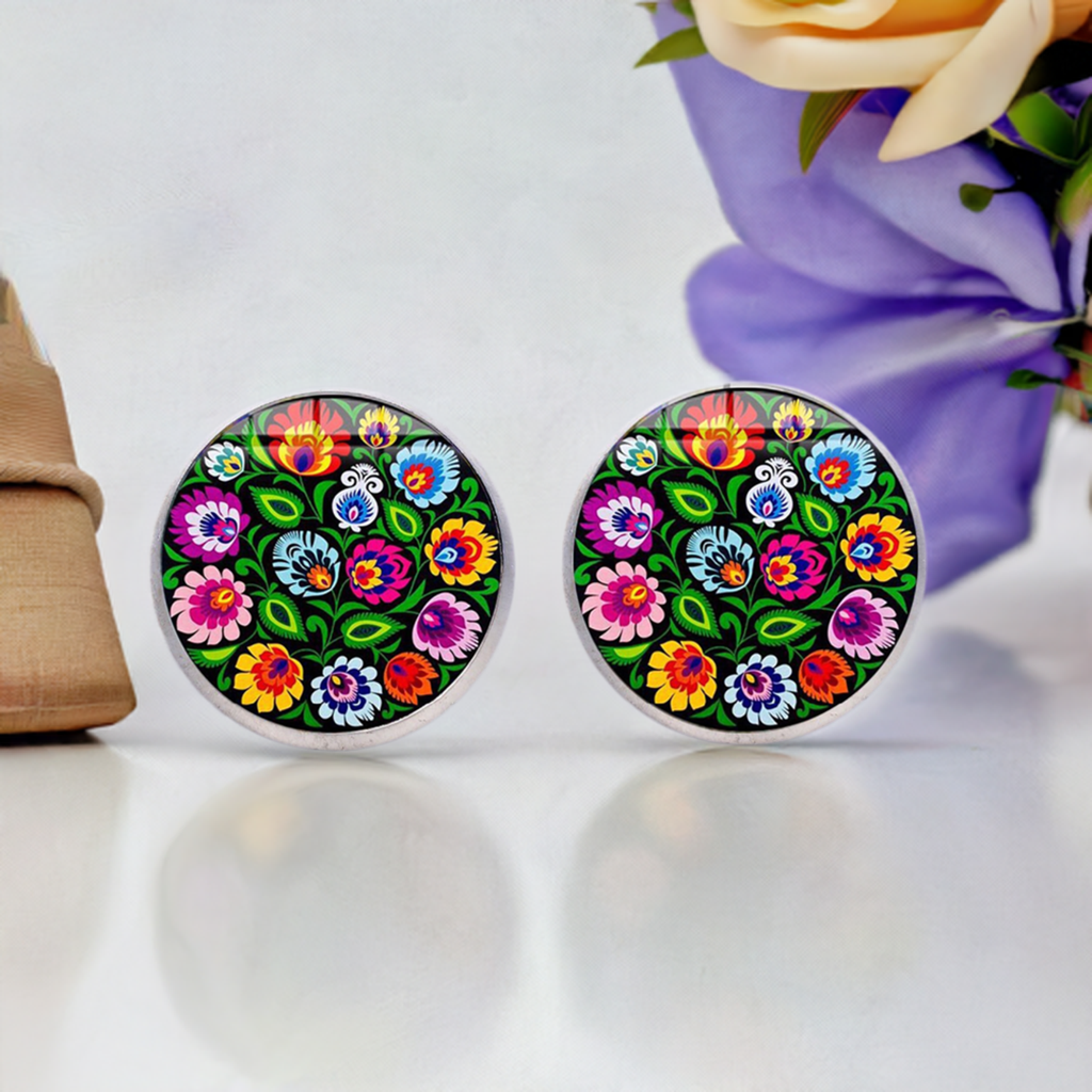 Colorful Mexican earrings with floral design. Multicolored flowers and green leaves. Silver stud earrings for women and girls.