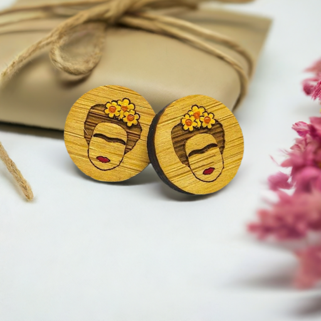 Frida Kahlo Earrings. Mini bamboo circular stud earrings with handpainted yellow flowers and red lips featuring iconic Mexican artist eyebrows. Portrait face. Cute gift idea for fridamaniacs, fridalovers, fridamania, frida fans. Mexican earrings. Mexican jewelry.